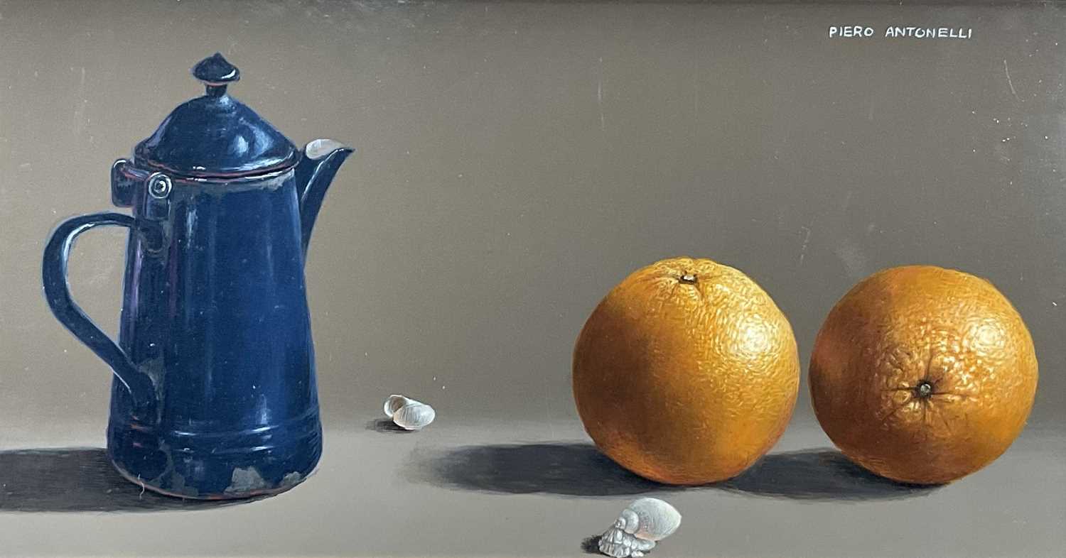 Lot 112 - Piero Antonelli (1916-1989) oil on panel - still life of oranges and an enamel pot, signed, 19cm x 35cm, with purchase receipt, in gilt frame