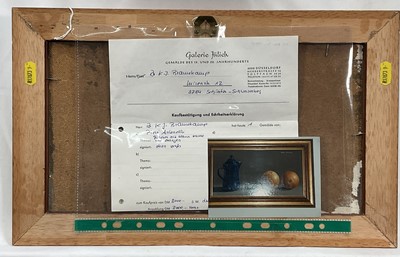 Lot 112 - Piero Antonelli (1916-1989) oil on panel - still life of oranges and an enamel pot, signed, 19cm x 35cm, with purchase receipt, in gilt frame