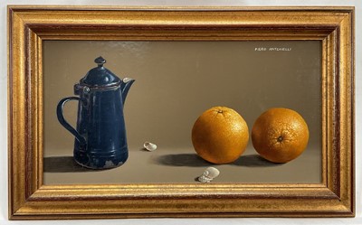 Lot 112 - Piero Antonelli (1916-1989) oil on panel - still life of oranges and an enamel pot, signed, 19cm x 35cm, with purchase receipt, in gilt frame
