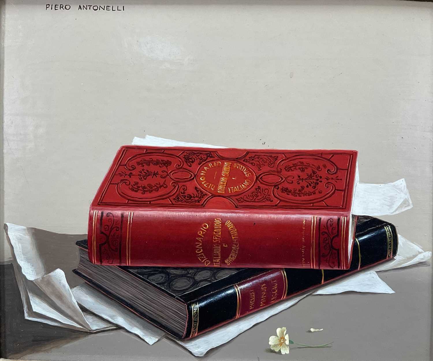 Lot 113 - Piero Antonelli (1916-1989) oil on panel - still life of books, signed, with gallery receipt, 25cm x 30cm, framed