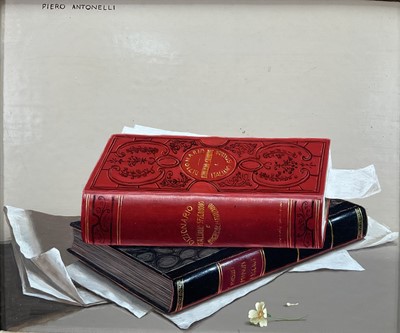 Lot 113 - Piero Antonelli (1916-1989) oil on panel - still life of books, signed, with gallery receipt, 25cm x 30cm, framed