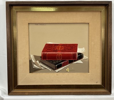 Lot 113 - Piero Antonelli (1916-1989) oil on panel - still life of books, signed, with gallery receipt, 25cm x 30cm, framed