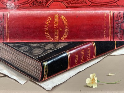 Lot 113 - Piero Antonelli (1916-1989) oil on panel - still life of books, signed, with gallery receipt, 25cm x 30cm, framed