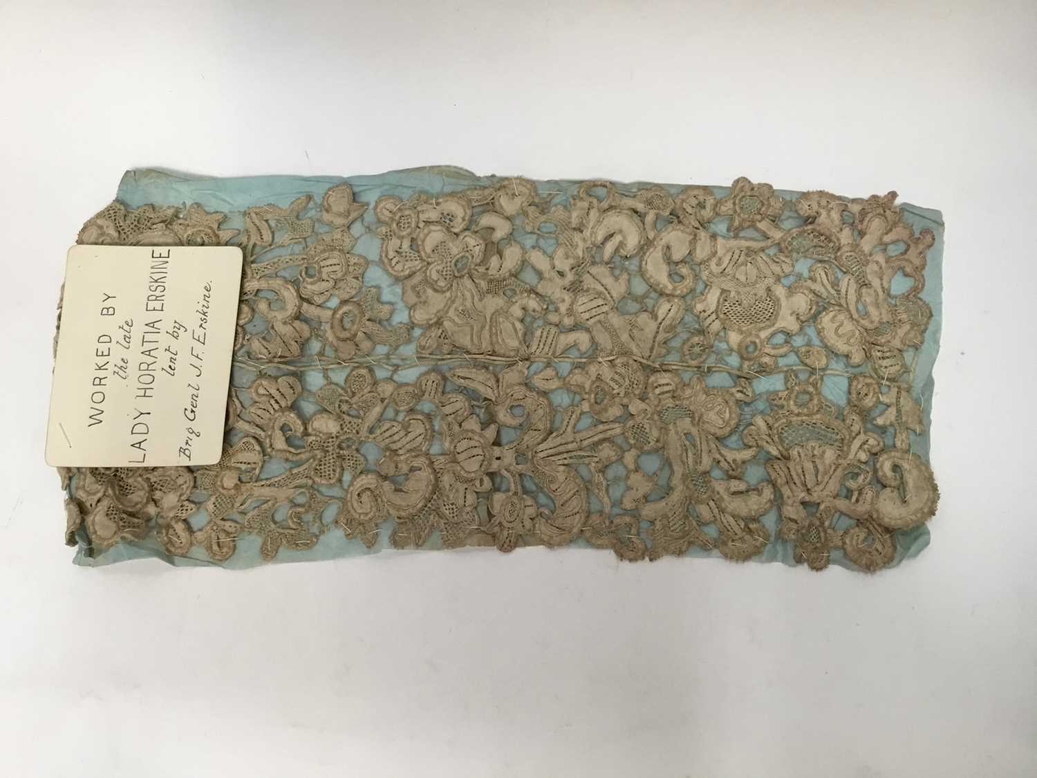 Lot 2057 - Venetian style lace example worked by Lady Hortia Erskine (1841-1922), three lengths each approximately 1m of Victorian needle-run embroidered lace plus similar lenght of lace 1.5m approximately...