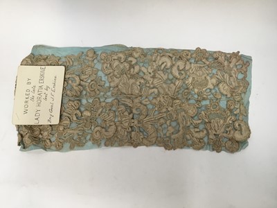 Lot 2057 - Venetian style lace example worked by Lady Hortia Erskine (1841-1922), three lengths each approximately 1m of Victorian needle-run embroidered lace plus similar lenght of lace 1.5m approximately...