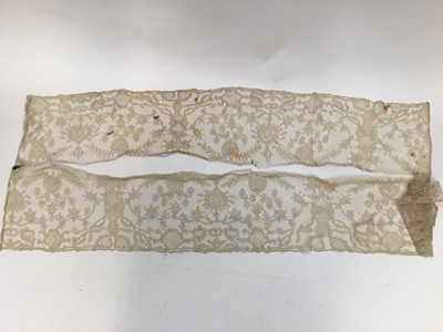 Lot 2057 - Venetian style lace example worked by Lady Hortia Erskine (1841-1922), three lengths each approximately 1m of Victorian needle-run embroidered lace plus similar lenght of lace 1.5m approximately...