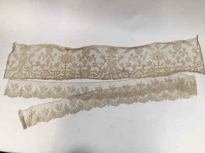 Lot 2057 - Venetian style lace example worked by Lady Hortia Erskine (1841-1922), three lengths each approximately 1m of Victorian needle-run embroidered lace plus similar lenght of lace 1.5m approximately...