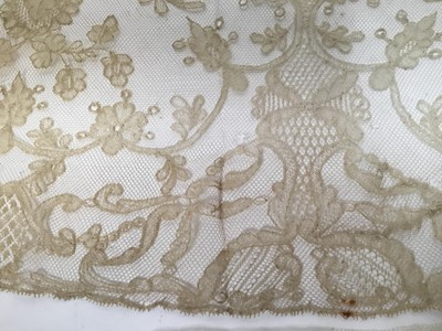 Lot 2057 - Venetian style lace example worked by Lady Hortia Erskine (1841-1922), three lengths each approximately 1m of Victorian needle-run embroidered lace plus similar lenght of lace 1.5m approximately...