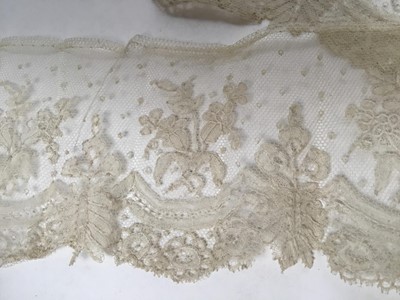 Lot 2057 - Venetian style lace example worked by Lady Hortia Erskine (1841-1922), three lengths each approximately 1m of Victorian needle-run embroidered lace plus similar lenght of lace 1.5m approximately...