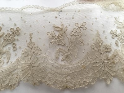 Lot 2057 - Venetian style lace example worked by Lady Hortia Erskine (1841-1922), three lengths each approximately 1m of Victorian needle-run embroidered lace plus similar lenght of lace 1.5m approximately...