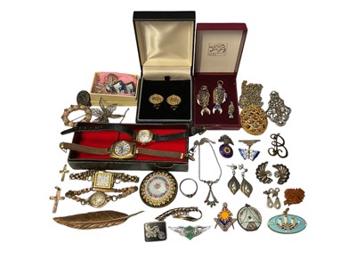 Lot 166 - Pair of vintage Christian Dior gilt metal clip on earrings, silver and enamel butterfly brooch, Royal Fusiliers silver and enamel pin, silver marcasite necklace