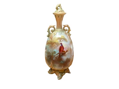 Lot 1128 - Royal Worcester porcelain vase and cover with hand painted pheasant decoration, 25cm high