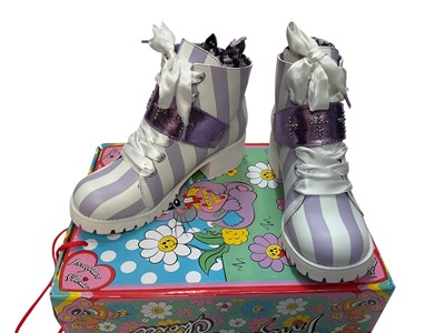 Lot 2077 - Irregular Choice, three pairs of shoes and three pairs of boots, some brand new with or with extra sole protection and some have light wear. All boxed.