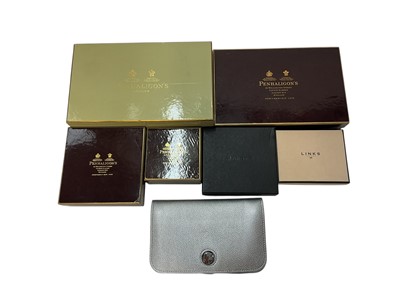 Lot 2083 - Boxed Penhaligon's small jewellery roll, wallet and purse. Also a cosmetic bag. Links boxed credit card wallet, plus two silver purses/wallets.
