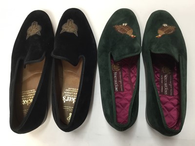 Lot 2085 - A pair Tricker's men's black velvet slippers with metallic thread fox heads plus a pair of Norton & Son green velvet slippers with embroidered game bird. Unworn size 9 1/2.