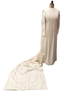 Lot 2094 - Group of 1960s women's clothing including cream silk wedding dress with long train draped from the shoulders, Barri-Moore red shift dress and matching coat size 12, Steven Marks cream wool skirt...