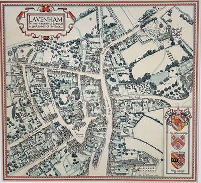 Lot 1313 - Suffolk. Prince (L. S. M.), Lavenham in the Hundred of Babergh in the County of Suffolk, 1935, colour printed pictorial map, decorated with a strapwork cartouche and heraldic shields