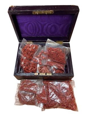 Lot 126 - Victorian jewellery box containing antique coral bead necklaces and loose coral beads/ pieces