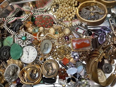 Lot 128 - Group of Victorian and later brooches, loose gem stones, gilt metal cameo bracelet, simulated pearls and other bead necklaces, pocket watch and other bijouterie