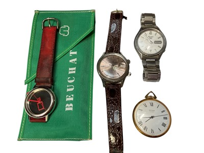 Lot 139 - Group of four watches to include Citizen Alarm Date wristwatch, Seiko Automatic stainless steel wristwatch, Beuchat wristwatch and Sekonda gold plated pocket watch