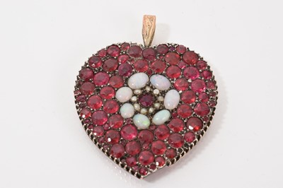 Lot 652 - Victorian style synthetic ruby, opal and seed pearl heart shaped cluster pendant
