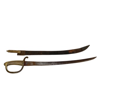 Lot 856 - 19th century French Infantry Briquet Short Sword, with one piece brass ribbed grip and knuckle bow, curved plain single edged blade, in brass mounted leather scabbard).