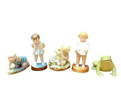 Lot 1171 - Four Royal Worcester figures - Michael 2912, Tommy 2913, Mischief 2914 and Joan 2915, all modelled by F.G Doughty, together with an Aynsley Frog (5)