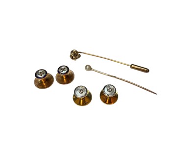 Lot 160 - Pair of 18ct gold shirt studs set with diamonds in mother of pearl surround, pair of 9ct gold and enamel studs, 9ct gold tie pin with knotted motif and an antique yellow metal pearl pin (6) ...