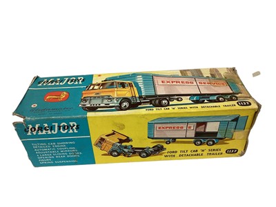 Lot 1800 - Corgi Major diecast Ford Tilt Cab "H" Series with detachable trailer, No.1137 & Carrimore Low-Loader, No.1100 (x2), all in poor boxes and Simon Snorkel Fire Engine, boxed No.1127 (4)