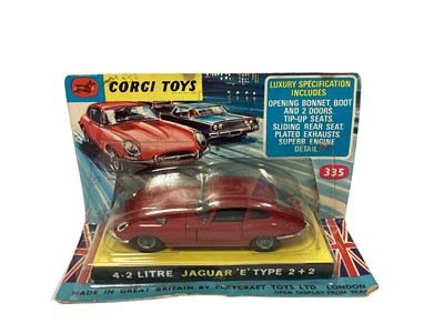 Lot 1803 - Corgi diecast Commer 3/4 Ton Chassis Constructor Set, boxed GS/24, 4.2 litre Jaguar "E" Type, on card with bubblepack No.335 & London Transport Routemaster Bus, in window box No.468 (3)