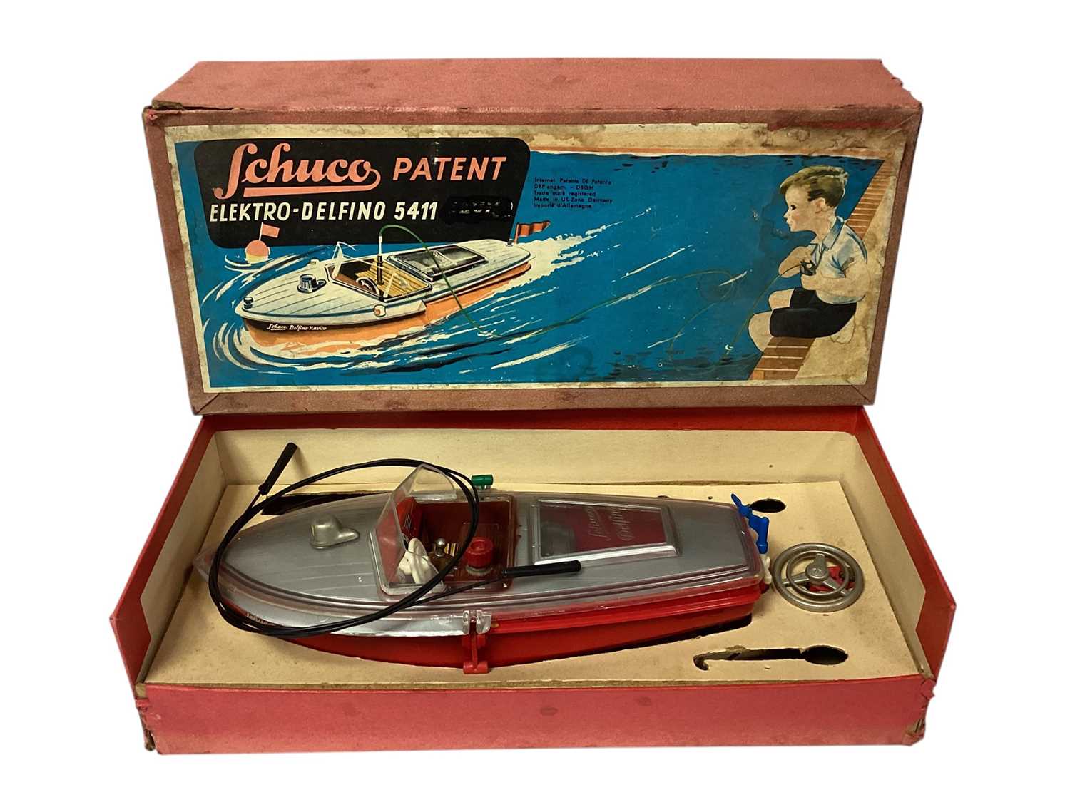 Lot 1813 - Schucco Elektro-Delfino 5411 Speedboats, boxed (x2), Cragstan Cabin Cruiser, boxed & Scalex Boats clockwork Thames Cabin Cruiser, boxed No.413S (4)