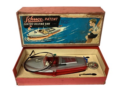 Lot 1813 - Schucco Elektro-Delfino 5411 Speedboats, boxed (x2), Cragstan Cabin Cruiser, boxed & Scalex Boats clockwork Thames Cabin Cruiser, boxed No.413S (4)