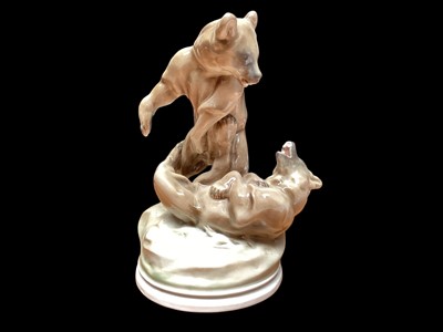 Lot 1180 - Hungarian Zsolnay Pecs model of fighting bears, 29.5cm high