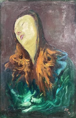 Lot 236 - Geoffrey Burnand (1912-1997) oil on board, Girl on a Train. 75cm x 50cm. In wooden green painted frame. Signed and dated.