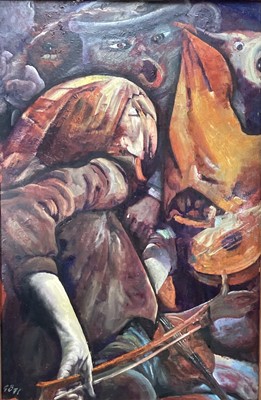 Lot 237 - Geoffrey Burnand (1912-1997) oil on board, surrealist composition with musicians. 121cm x 78cm in wooden frame. Signed and dated