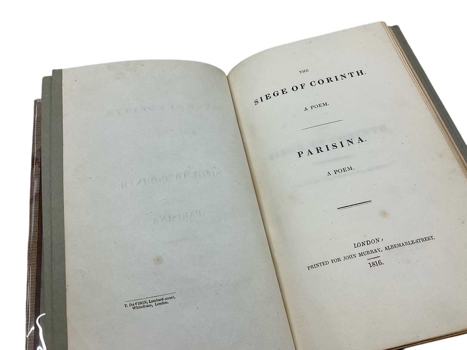 Lot 1698 - Byron - The Siege of Corinth. A Poem. Parisina. A Poem, first edition, John Murray 1816, rebound