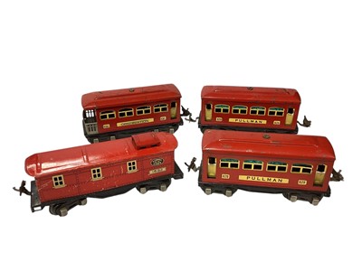 Lot 1860 - Lionel Lines O Gauge locomotive & Tender, with tin plate coaches & rolling stock, plus track, Platforms and scenery and OO Gauge track