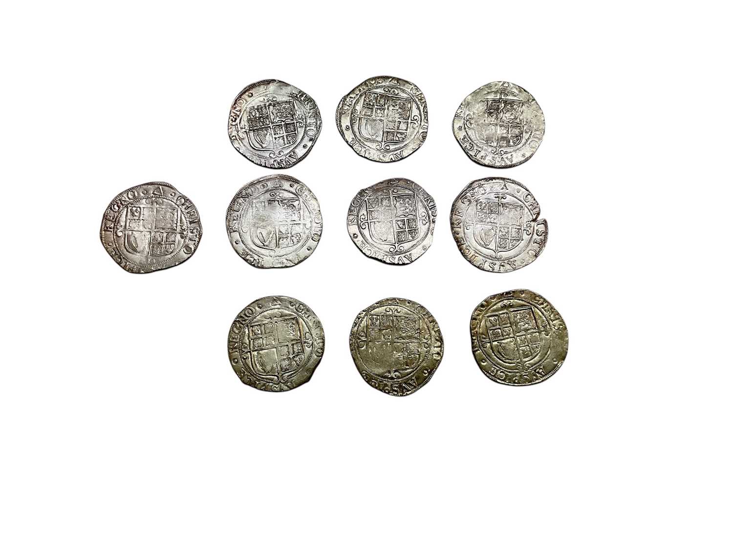 Lot 438 - G.B. - Charles I silver hammered Shillings bust 6 m/m triangle type S.4.4, 1639-40 (N.B. Mixed grades generally F-GVF) (10 coins)