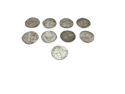 Lot 445 - G.B. - Elizabeth I silver hammered Shillings m/m tun 1592-5 x 9 coins (N.B. Mixed grades generally G-AF) (9 coins)
