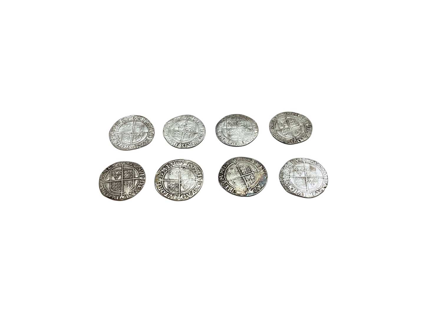 Lot 446 - G.B. - Elizabeth I silver hammered Shillings m/m tun 1592-5 x 8 coins (N.B. Mixed grades generally G-AF) (8 coins)
