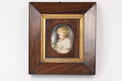 Lot 44 - 19th century KPM style hand painted porcelain plaque of a child with a parrot, framed