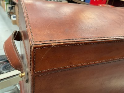 Lot 52 - Large brown leather domed top jewellery box with hinged lid and five draws below