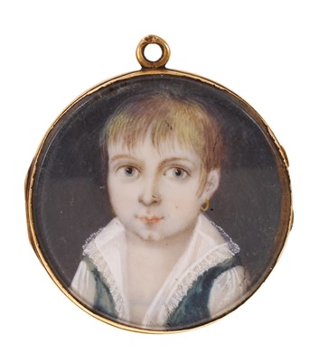 Lot 631 - 18th century portrait miniature of a child with memorial lock of hair set within a gold mount. The glazed pendent mount with hinged openings back and front, loop marled