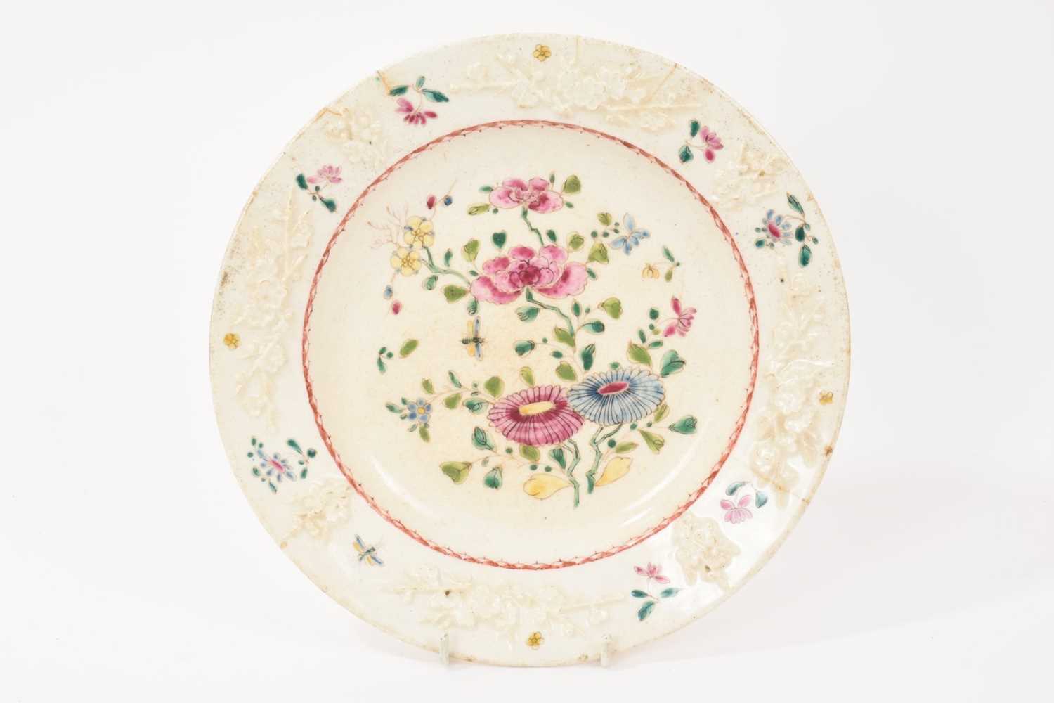 Lot 52 - 18th century Bow porcelain dessert plate with prunus moulding and painted with flowers in the famille rose palette