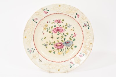 Lot 52 - 18th century Bow porcelain dessert plate with prunus moulding and painted with flowers in the famille rose palette
