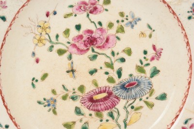 Lot 52 - 18th century Bow porcelain dessert plate with prunus moulding and painted with flowers in the famille rose palette