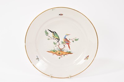 Lot 39 - 18th century Niderviller tin glazed earthenware plate, with polychrome ornithological bird and insect decoration, marked to base
