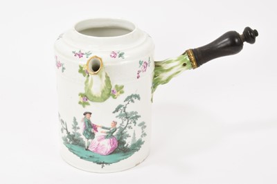 Lot 152 - 18th century continental porcelain chocolate pot, painted with a landscape with romantic scenes of courting couples below trees, a moulded spout and gilt metal handle terminal, mounted with a tu...