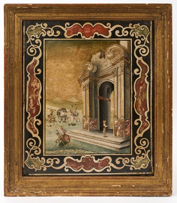 Lot 784 - Interesting faux pietra dura panel painted on black slate or marble, 19th century or earlier