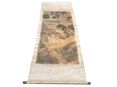Lot 2589 - Chinese painted silk scroll decorated with cranes at a waterfall, signed with character marks and seal mark